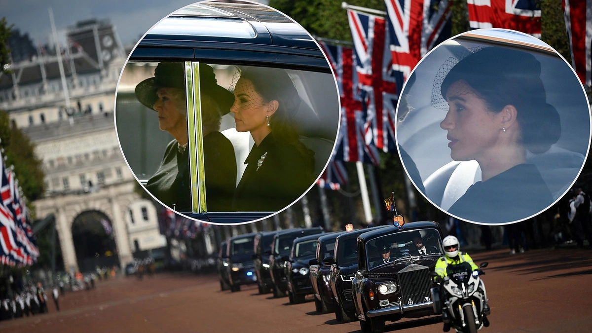 Elizabeth II karsto palydų procesijoje hercogienės Catherine ir Meghan važiavo atskirai / „Scanpix“ nuotr.