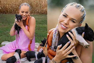 Ieva Voveris fotosesijoje įsiamžino su paršeliais ir dešrų „karoliais“: sulaukė aršių reakcijų