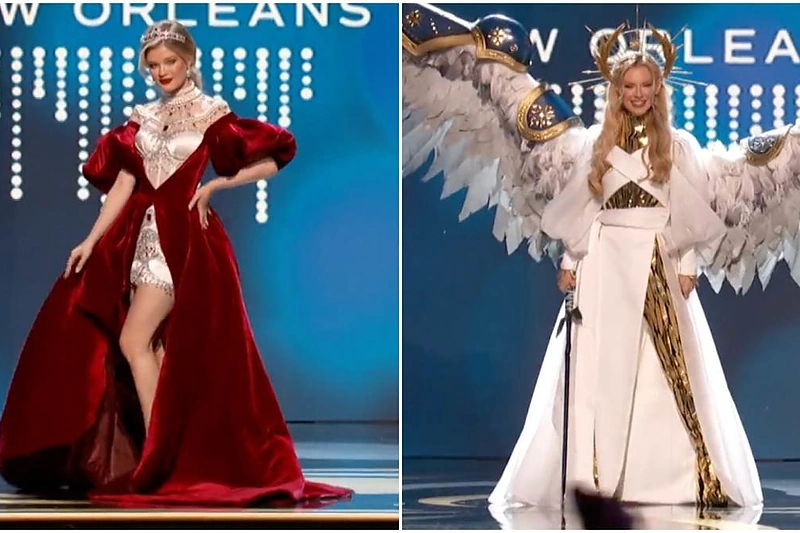 Rusijos atstovės ir Ukrainos atstovės kostiumai / „Twitter“ nuotr.