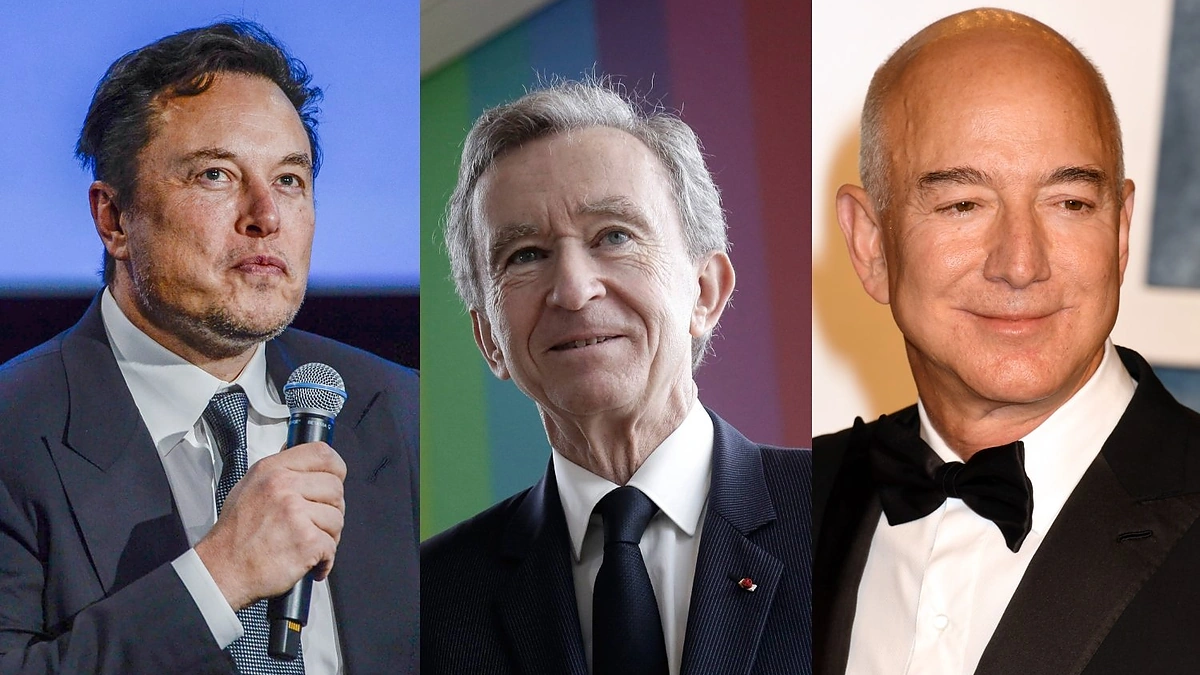 E.Muskas, B.Arnault, J.Bezosas / AFP/„Scanpix“ nuotr.