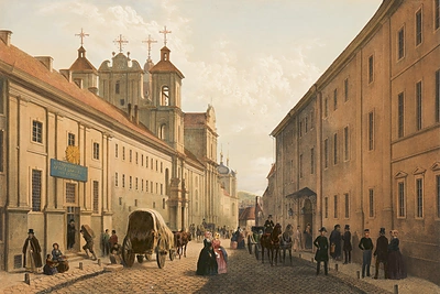 Dominikonų gatvė ir Bajorų institutas, 1848-ieji. Chromolitografija iš Jono Kazimiero Vilčinskio albumo / Lietuvos nacionalinio muziejaus archyvo nuotrauka