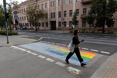 Dažais apipilta vaivorykštės spalvų perėja esanti Pylimo gatvėje / Pauliaus Peleckio / BNS nuotr.
