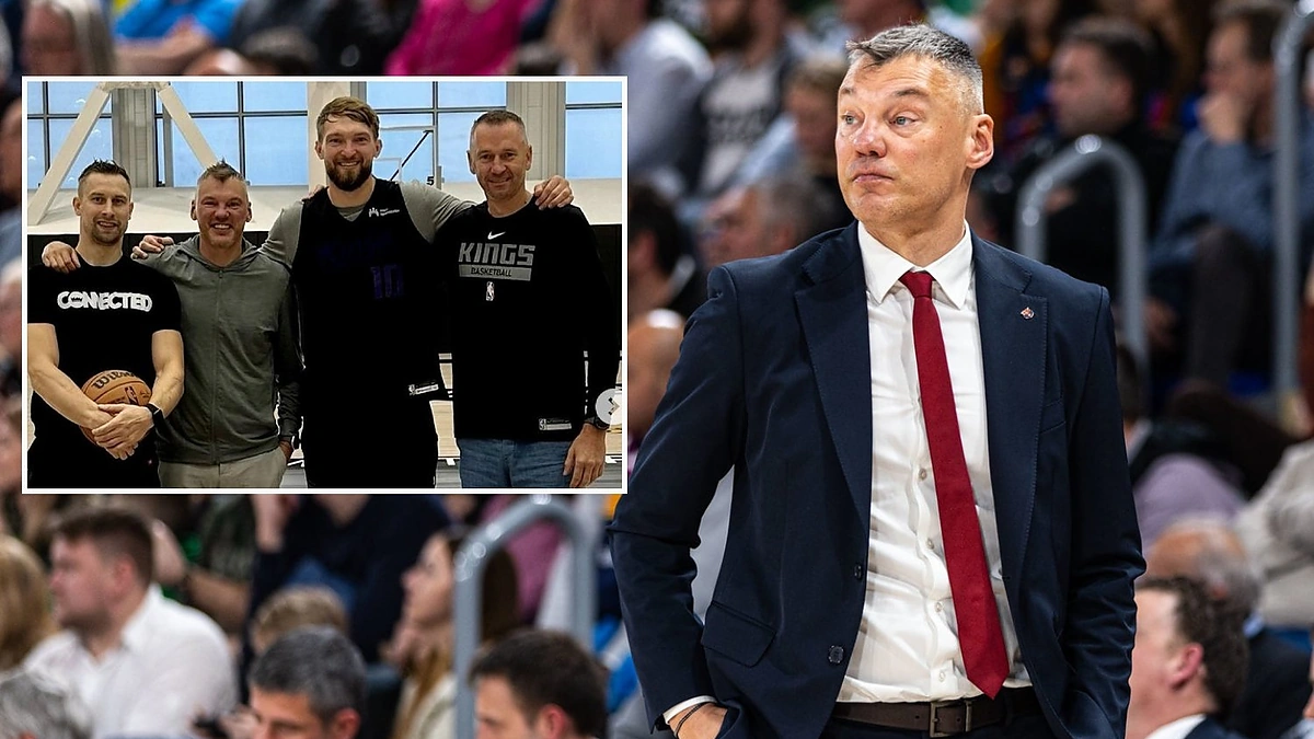 „Kings“ lietuviai D.Dulkys ir D.Sabonis susitiko su Š.Jasikevičiumi ir T.Masiuliu. Šie treneriai susitiko ir su :Kings“ strategu M.Brownu. / BNS ir socialinių tinklų nuotr.