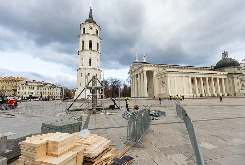 Vilniaus Kalėdų eglės statymo darbai / Skirmanto Lisausko / BNS nuotr.