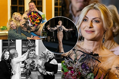 Eglės Jackaitės 50-mečio šventė teatre: per 100 svečių, gėlių sodas ir pačios jubiliatės dainos