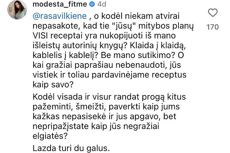 Modestos Žukauskaitės komentaras socialiniame tinkle. / Socialinių tinklų ekrano kopija