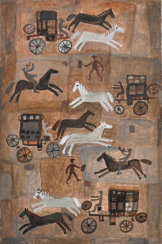 1968-aisiais guašu tapytas paveikslas su pašto karietomis, nukeliantis į vaikystę, kai šeima turėjo žirgų ir juoda oda trauktą bričką / Vildžiūnų asmeninio albumo nuotrauka