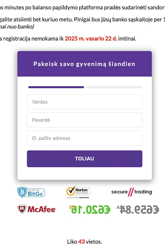 Registruotis prekybos kriptovaliutomis platformoje kviečiama kuo skubiau, įspėjant apie termino pabaigą (beje, ši data buvo rodoma jau vėlesnę dieną) ir kad liko nedaug vietų - tai yra mėgstama sukčių taktika / Ekrano nuotr.