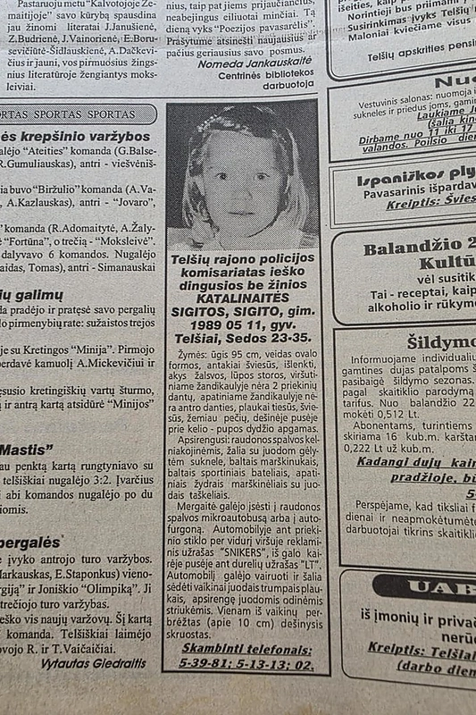 Skelbimas apie dingusią mergaitę, 1995 m., „Kalvotoji Žemaitija“