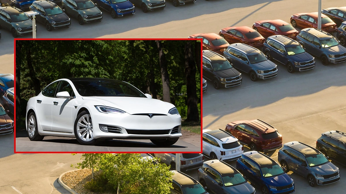 Automobilių aikštelė, „Tesla“ automobilis / Shutterstock nuotr.