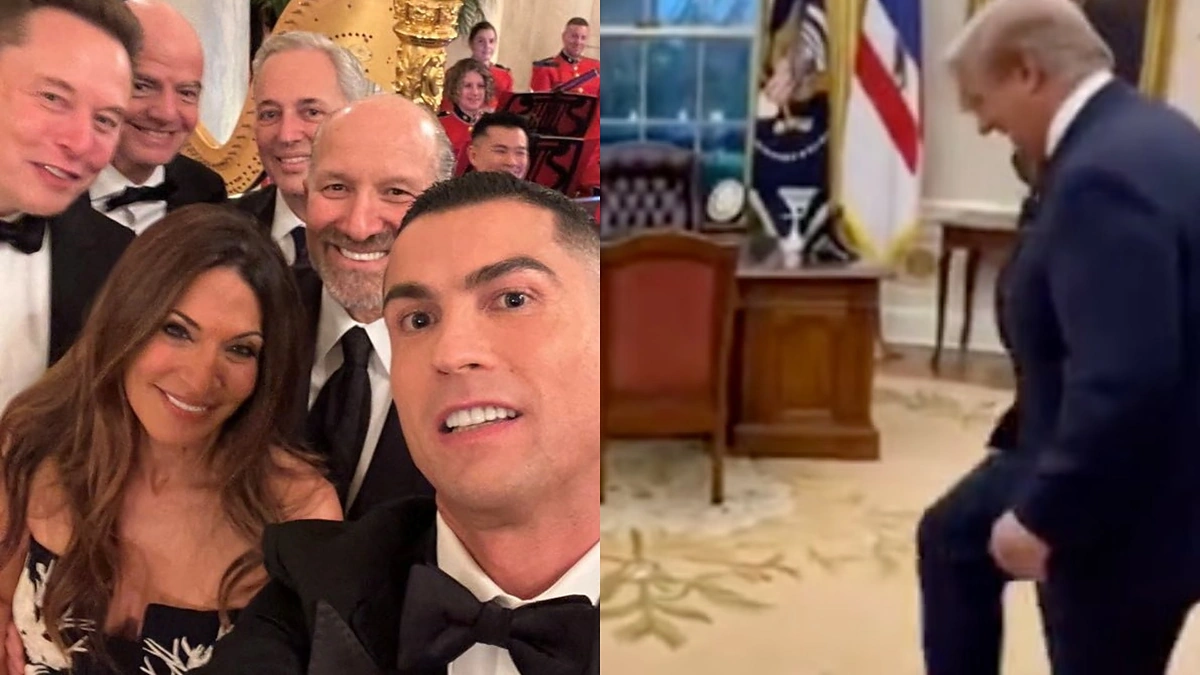 Tikras Ronaldo vizitas Baltuosiuose rūmuose ir DI sugeneruotas vaizdas su kamuolį spardančiu Donaldu / Reuters/Scanpix/Stopkadras