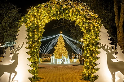 Kretingoje suspindo pasakiška Kalėdų eglė: aplink ją – paslaptingas baltas „miestelis“