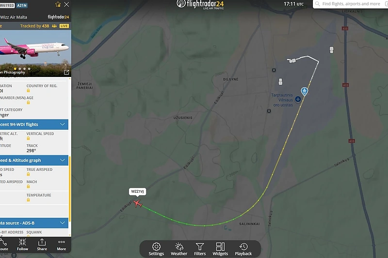 „Wizzair“ lėktuvo trajektorija / flightradar24.com ekrano nuotr.