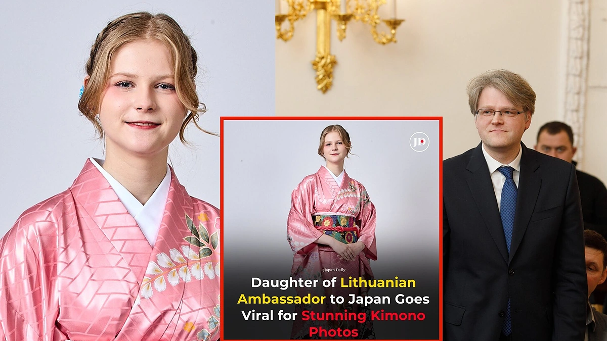 Lietuvos ambasadoriaus Aurelijaus Zyko dukros nuotrauka su kimono sužavėjo Japoniją / Asmeninio albumo ir BNS nuotr.
