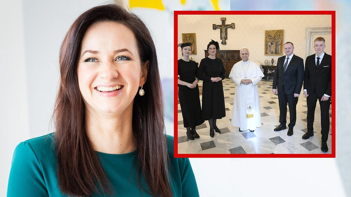 Inga Ruginienė su šeima bei Leonas XIV / Roberto Riabovo ir Vatican Media nuotr.