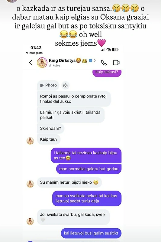 Gerda Bieliauskaitė paviešino susirašinėjimą su Dominyku Dirksčiu / Ekrano nuotr.