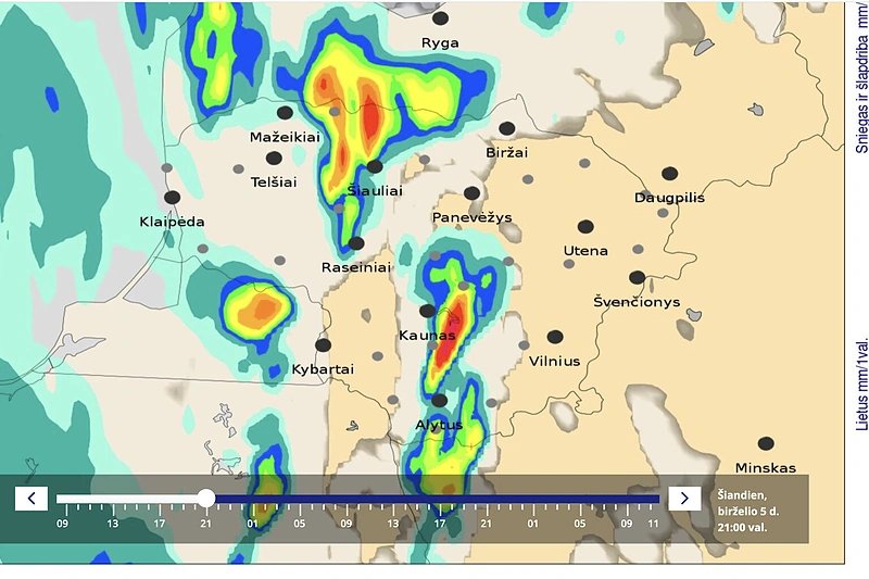 Lietaus kiekis Lietuvos rajonuose birželio 5 d., 21 val. / Meteo.lt