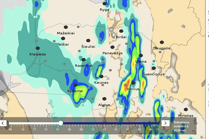 Lietaus kiekis Lietuvos rajonuose birželio 6 d., 2 val. / Meteo.lt