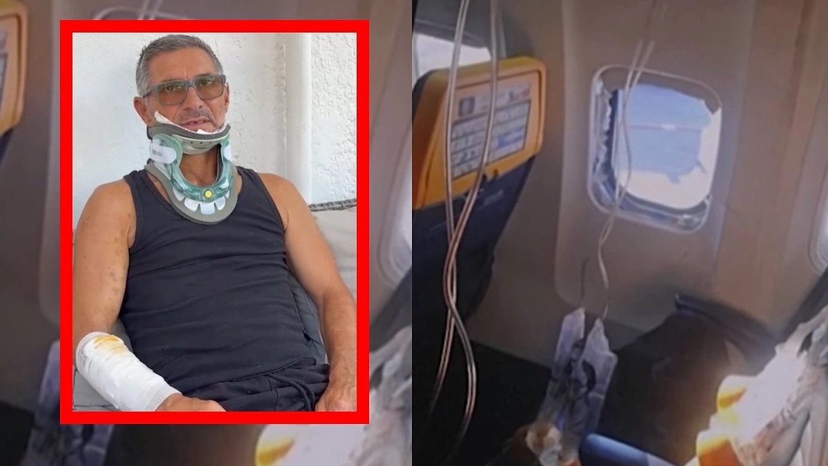 „Ryanair“ lėktuvo langas, nuketnėjęs keleivis / Stop kadras