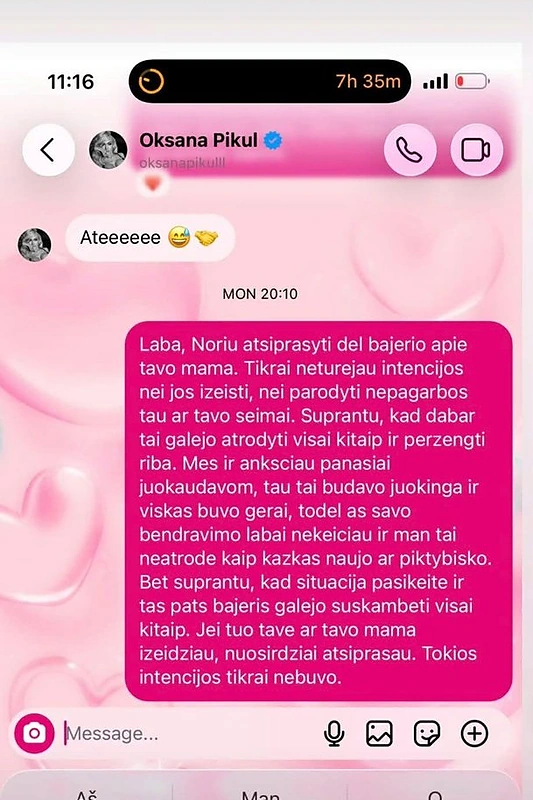 Dominyko Dirksčio žinutė Oksanai Pikul / „Instagram“ nuotr.